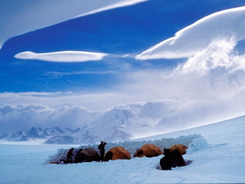 Massive glacial ice field in Patagonia, Argentina with blue icebergs